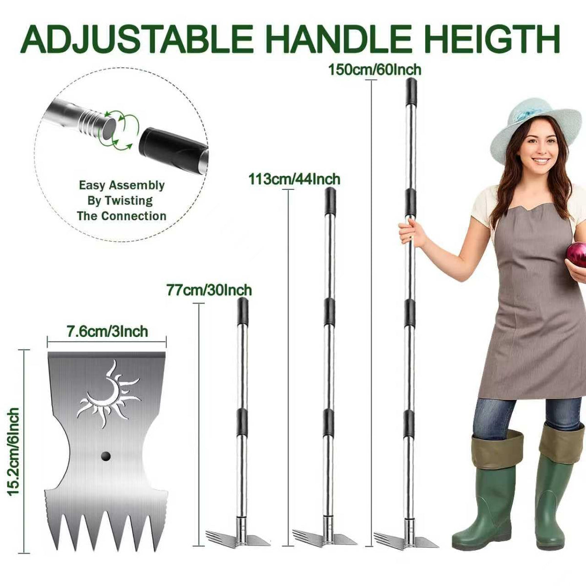 Semifrut 2-in-1 weed rake head shows dual-action weed removal and soil leveling.