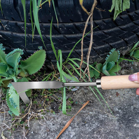 Semifrut patio weeder in action removing weeds from slabs