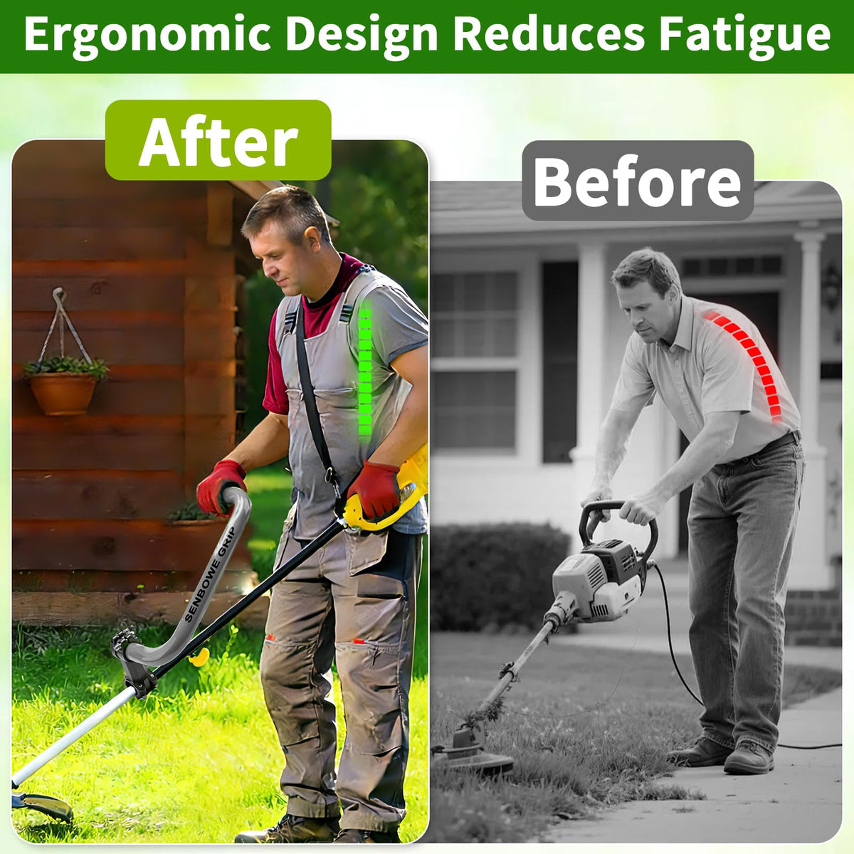 SENBOWE weed eater handle with shoulder strap distributes weight for easier trimming