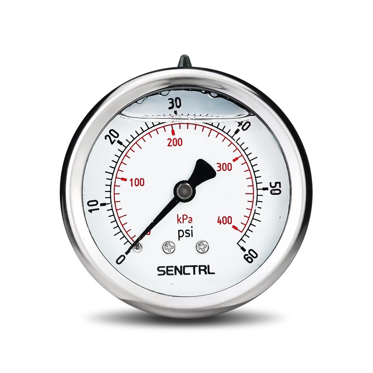 SenCTRL glycerin-filled gauge front view shows precise 0-60 psi readings for reliable testing