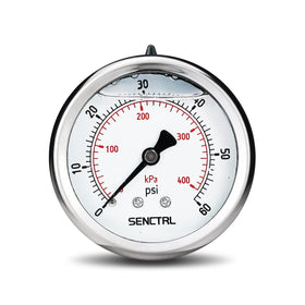 SenCTRL glycerin-filled gauge front view shows precise 0-60 psi readings for reliable testing