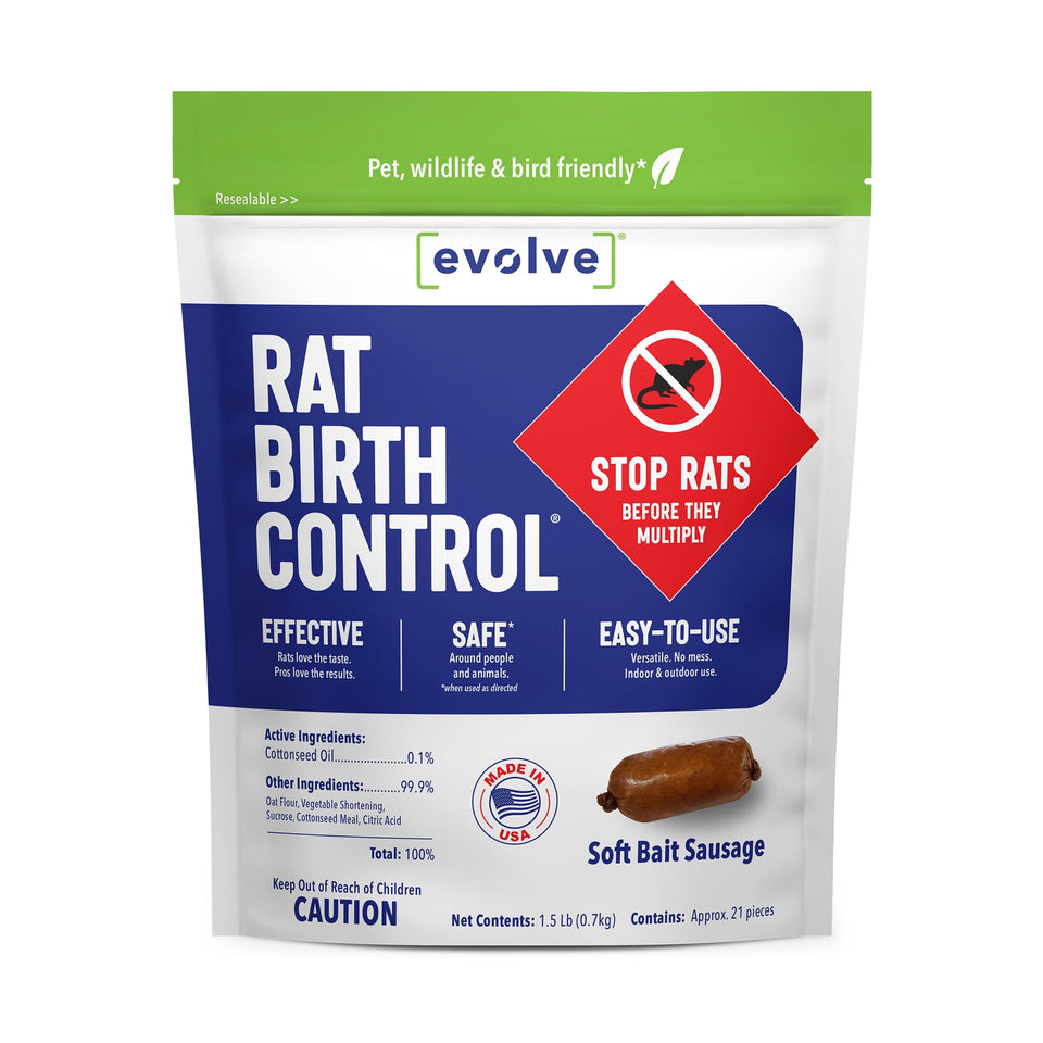 SenesTech Evolve packaging shows soft bait sausages ready for safe indoor use.