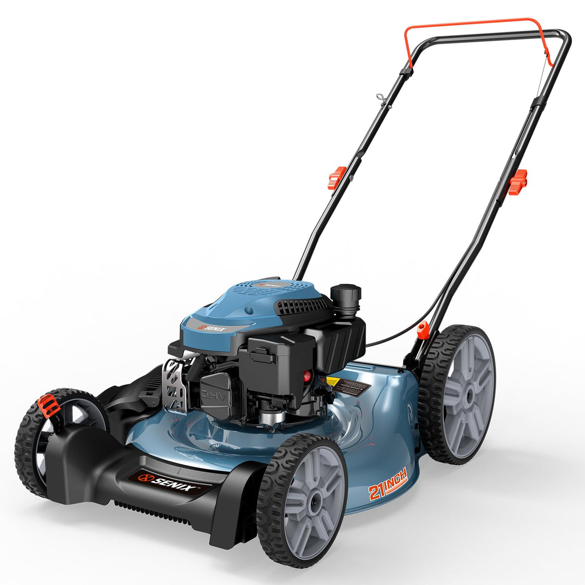 SENIX 144cc gas lawn mower front view showing powerful, even cuts for large lawns.