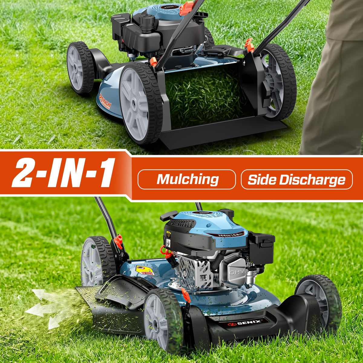 SENIX lawn mower side discharge view highlighting flexible clipping management.