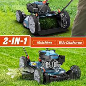 SENIX lawn mower side discharge view highlighting flexible clipping management.