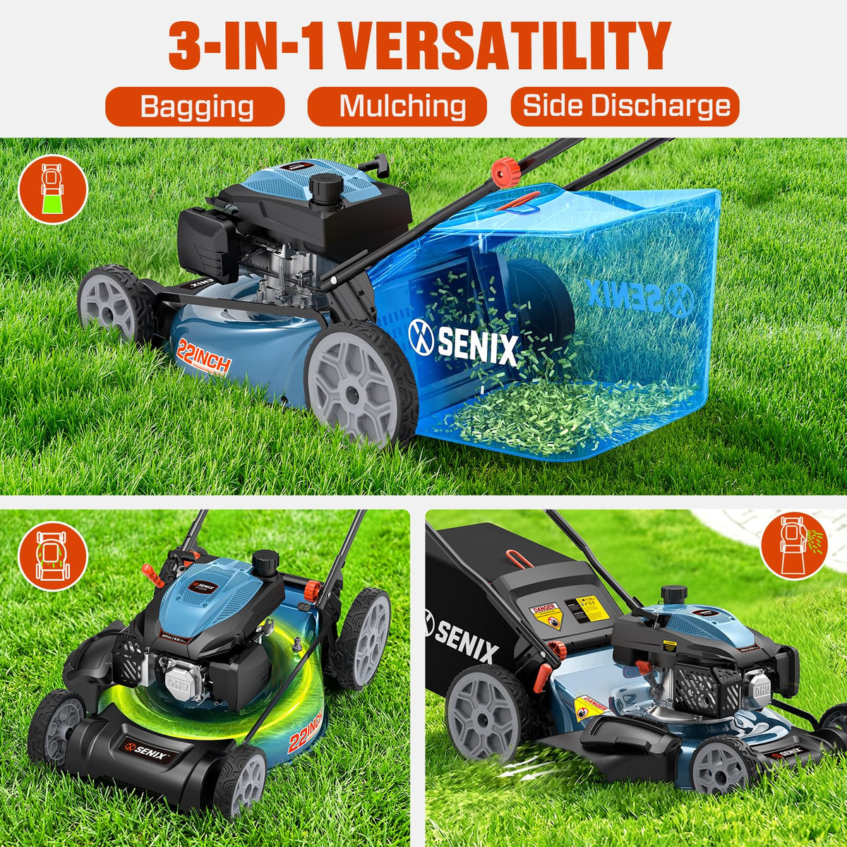 SENIX 19-gallon grass bag with full indicator for easy emptying