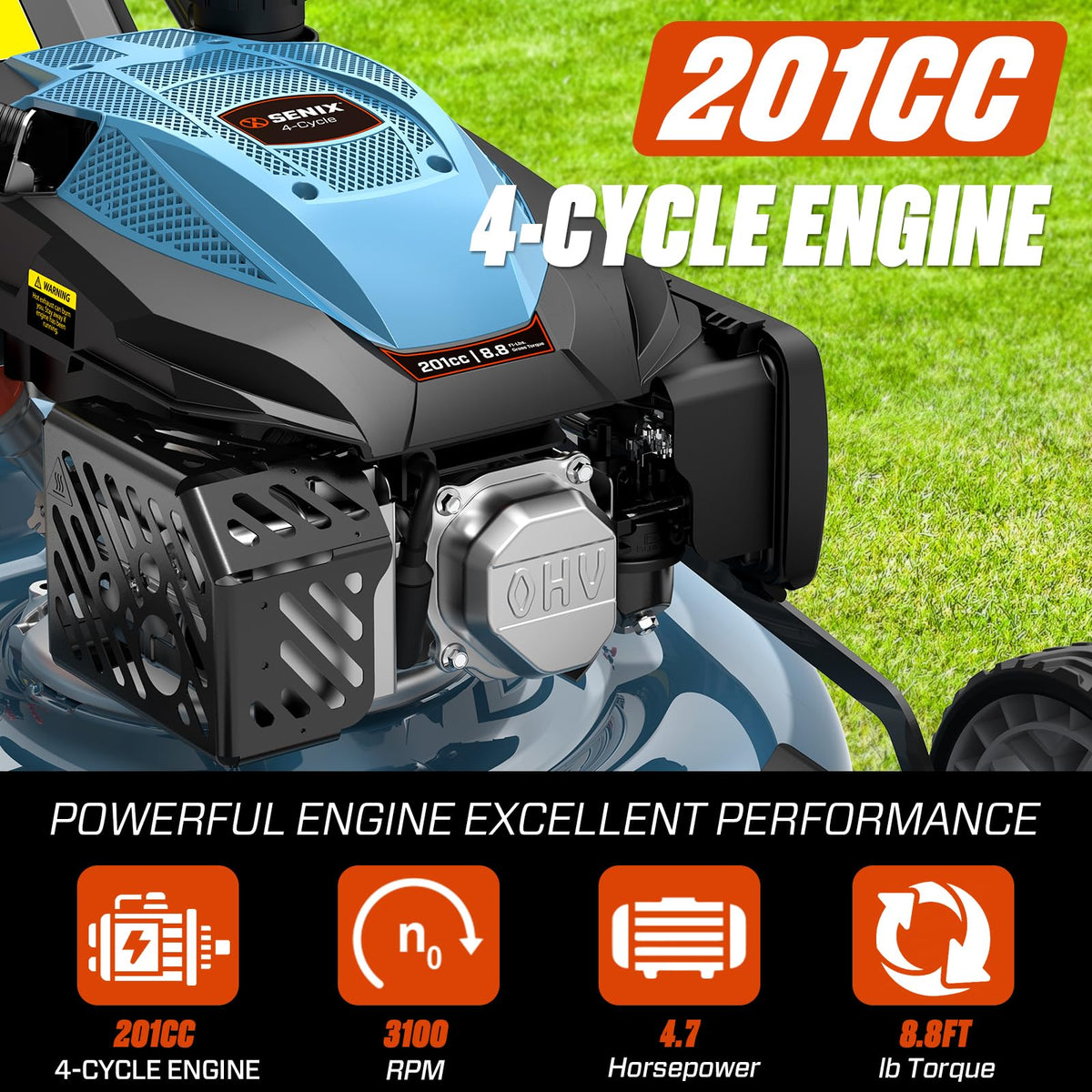 SENIX 3-in-1 cutting system showing side discharge, mulching, and bagging modes