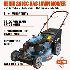 SENIX self-propelled rear-wheel mower handles inclines with ease