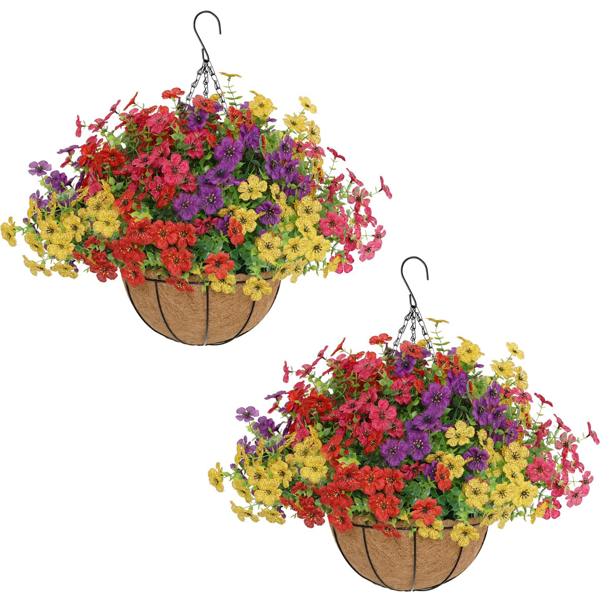 Senjie hanging flowers basket on porch for curb appeal and weather-resistant decor.