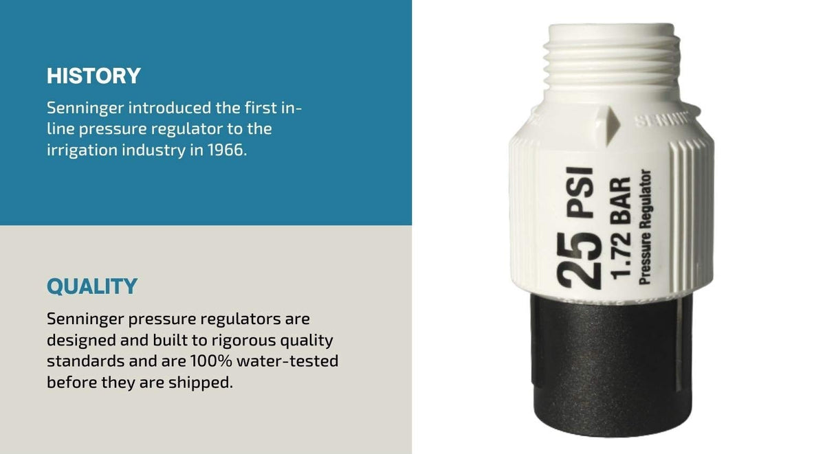Senninger regulator with USA-made engineering plastics ensures durable, corrosion-free operation.