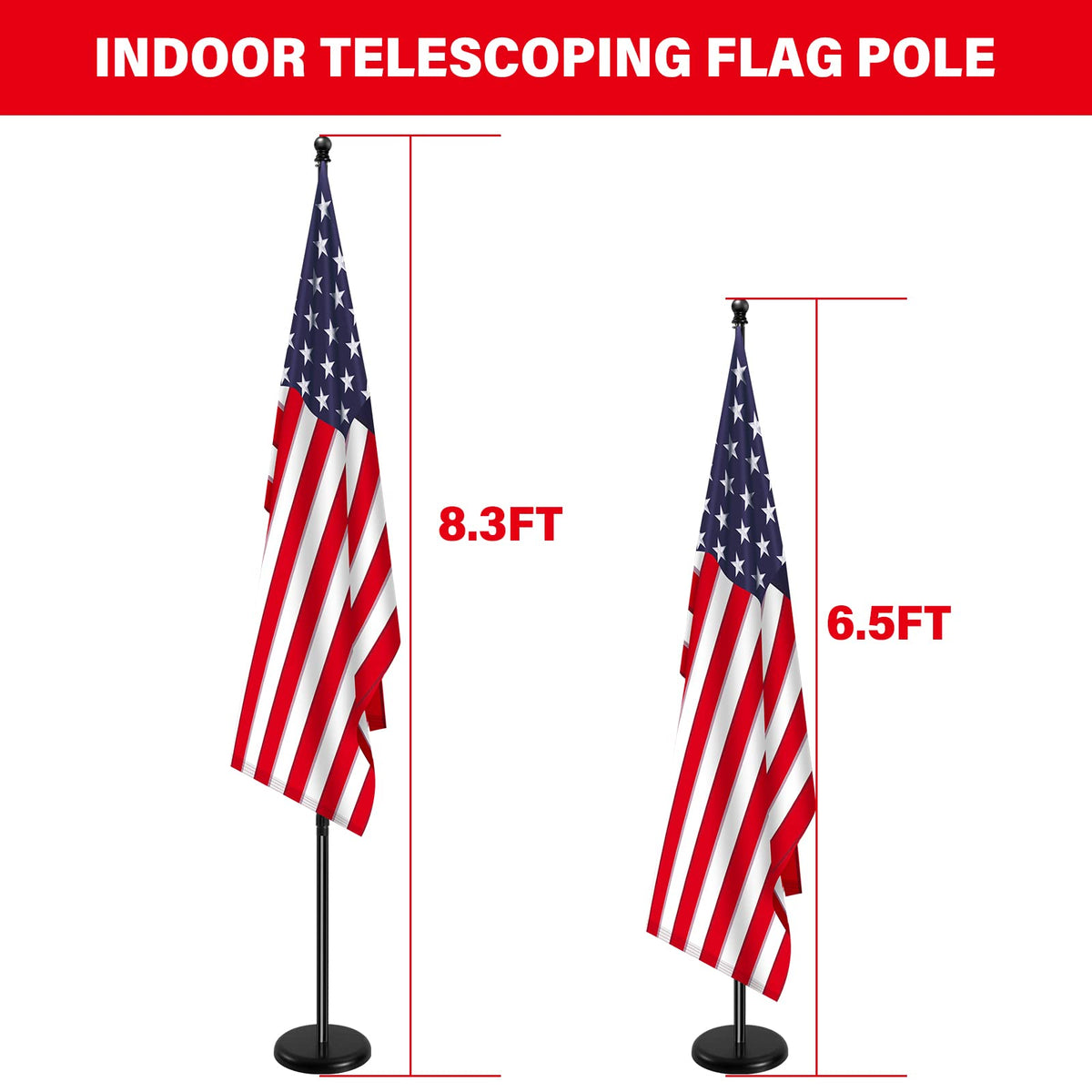 Senzhiyi indoor flag pole extended height shows adjustable 6.5 to 8.3 feet.