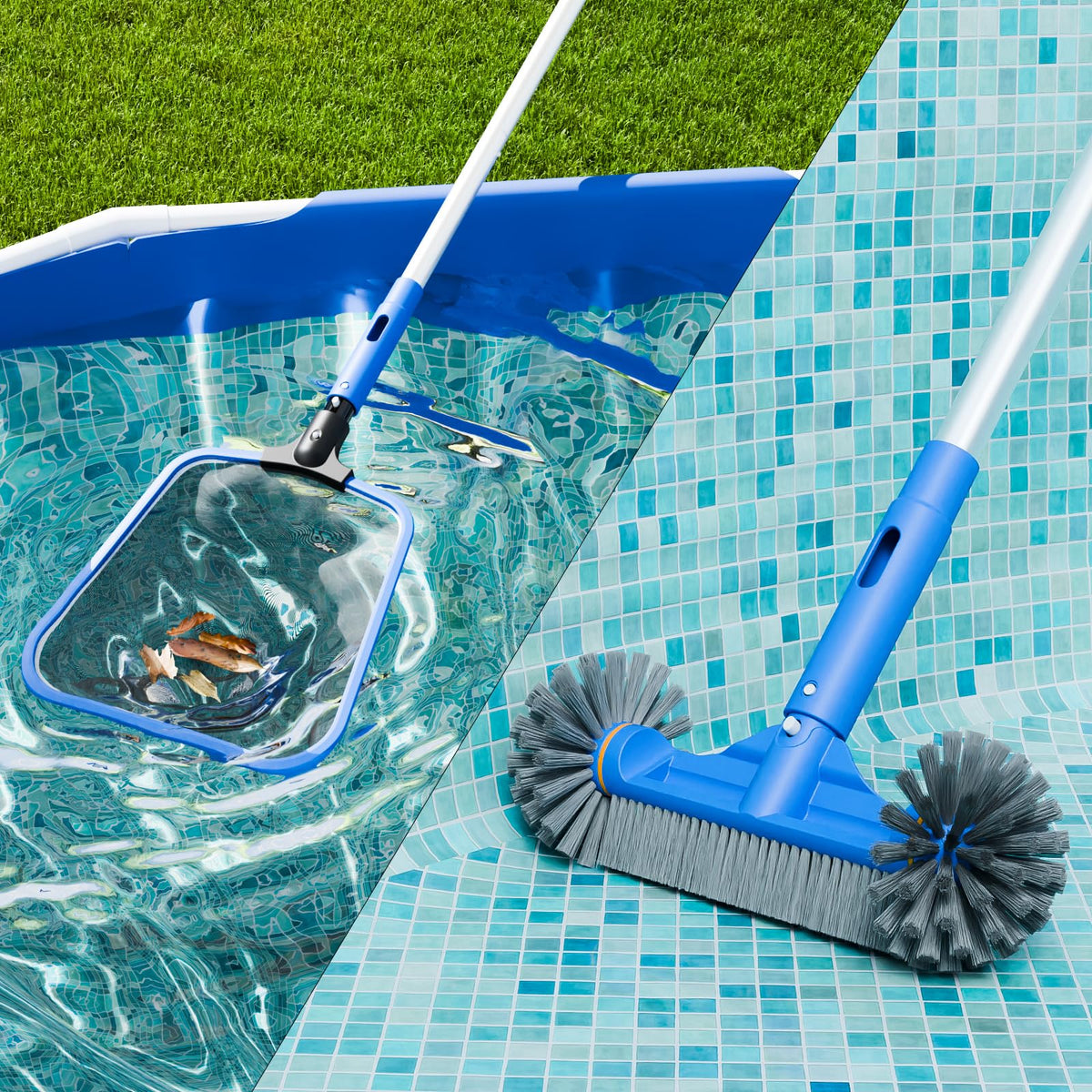 Sepetrel Deluxe pool cleaning kit supports quick scrubbing and skimming.