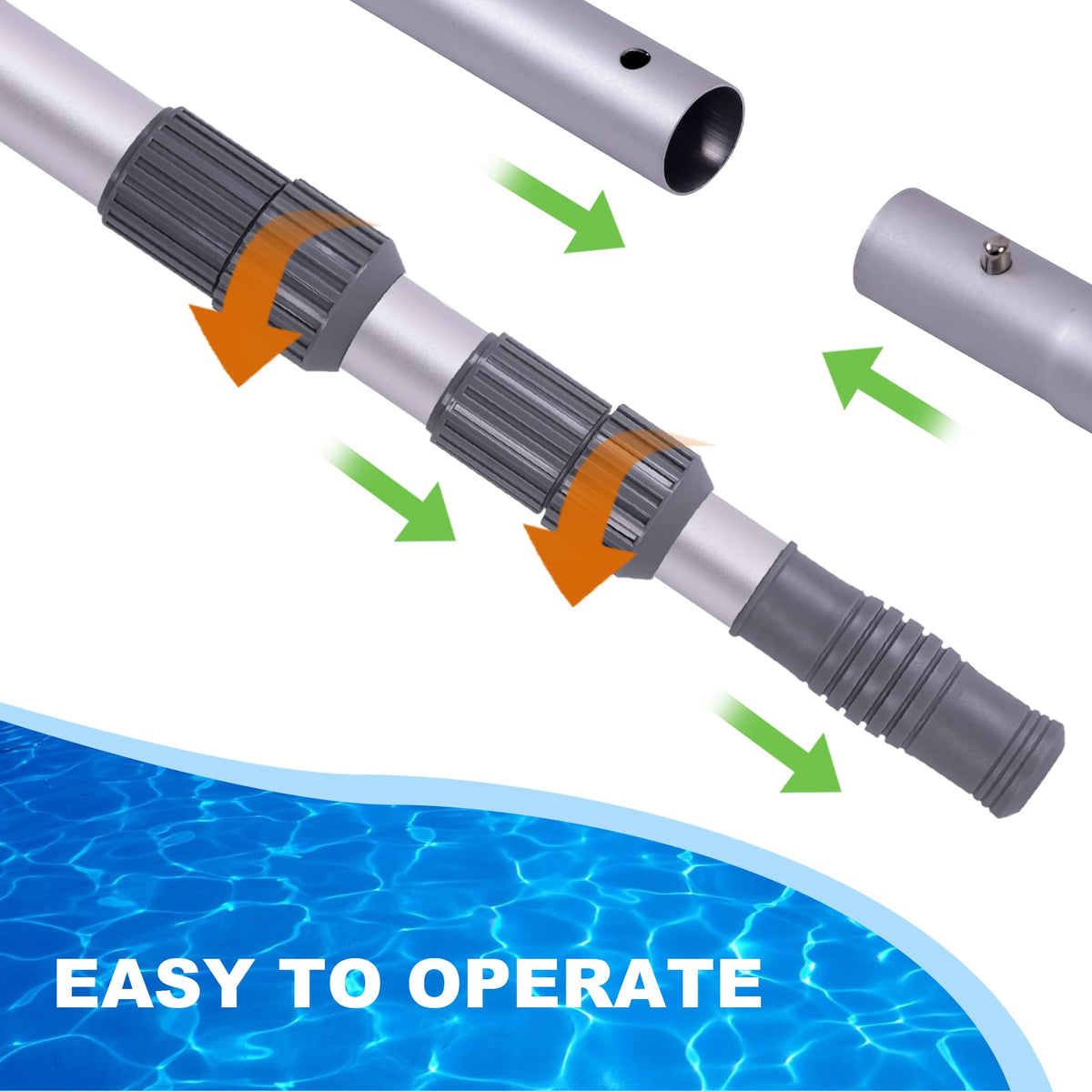Sepetrel pole paired with skimmer net and vacuum head for cleaning