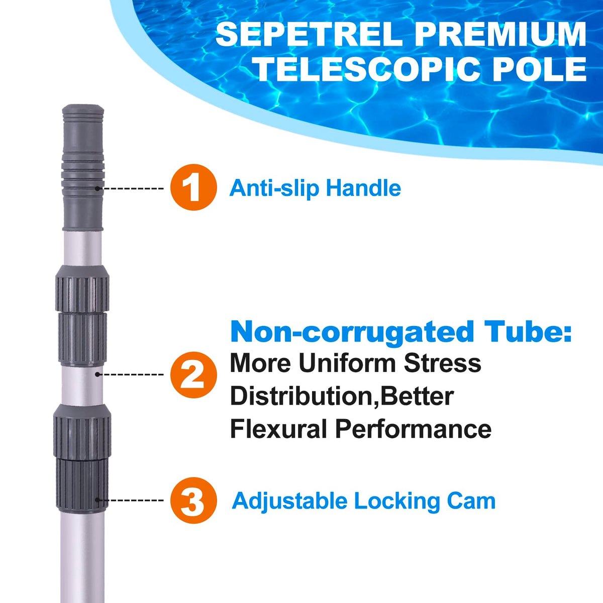 Sepetrel pool pole showing adjustable length for different sizes