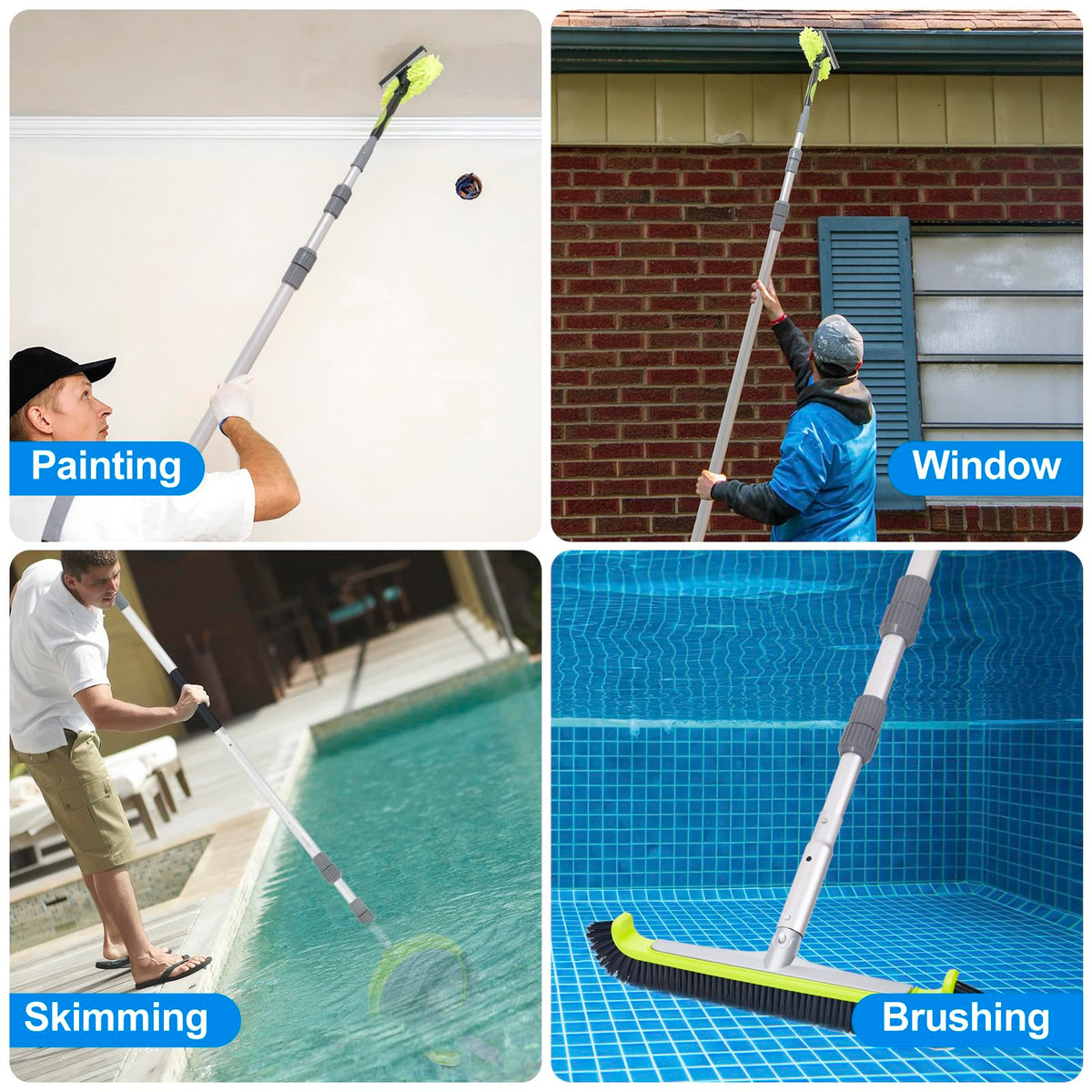 Sepetrel pole with gutter/roof tips enables versatile outdoor cleaning
