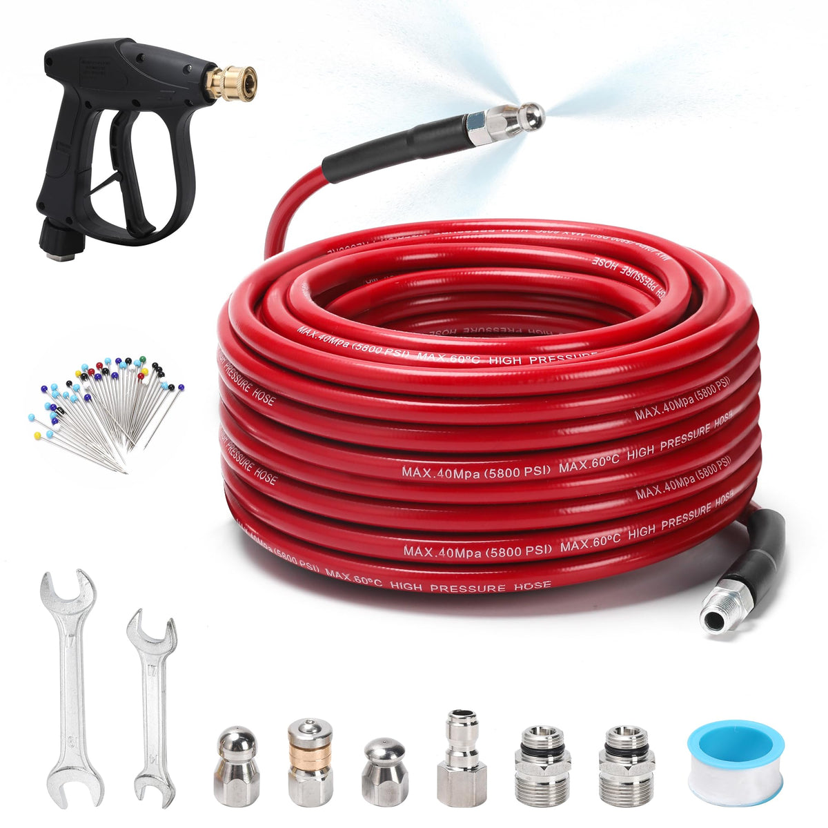 SEPLY sewer jetter 100ft hose showing durable reach for long drains