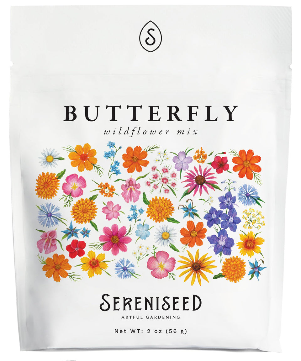 Sereniseed Butterfly Wildflower Mix seeds in a 2 oz pouch for pollinator-friendly garden blooms.