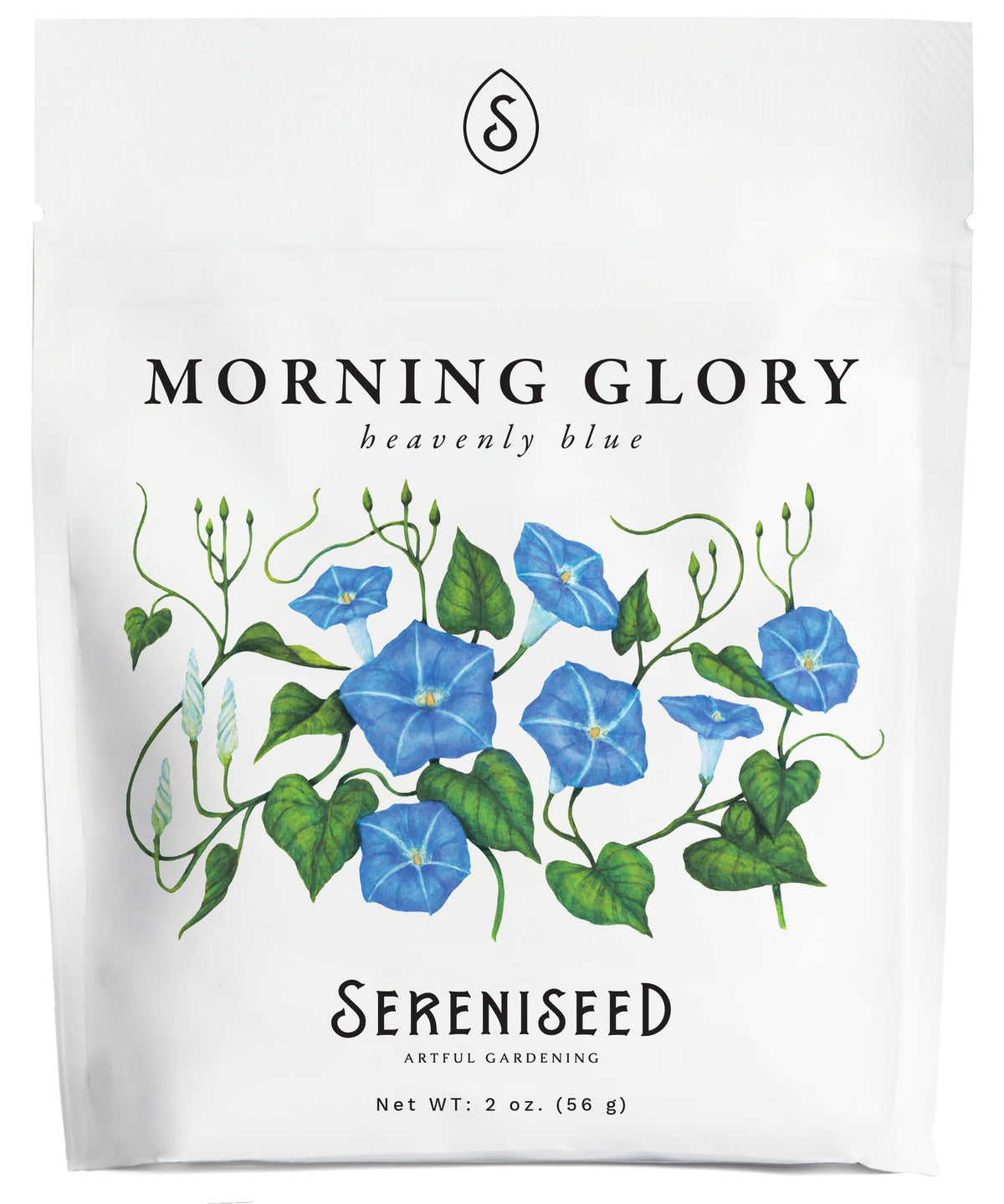 Sereniseed Heavenly Blue Morning Glory Seeds in a 2 oz packet ready for planting and blooms