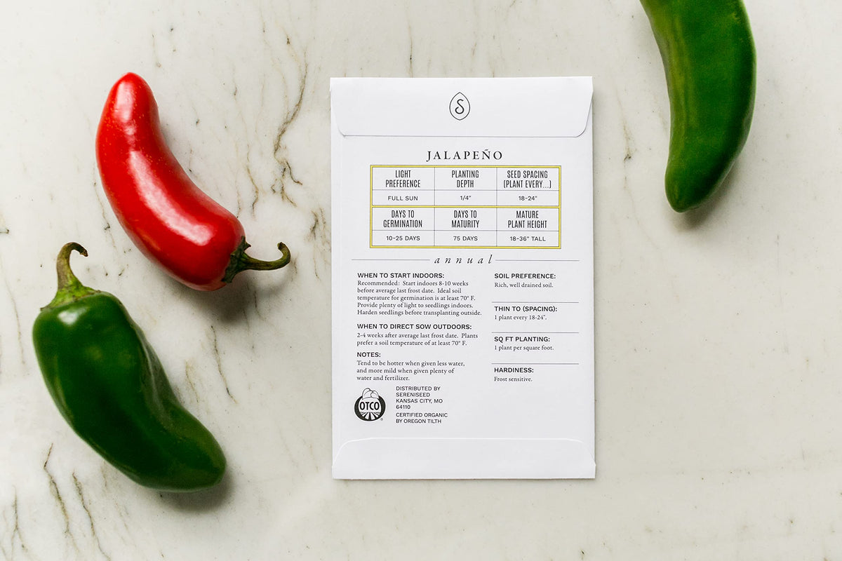Sereniseed jalapeño seeds packet close-up for beginner-friendly sowing