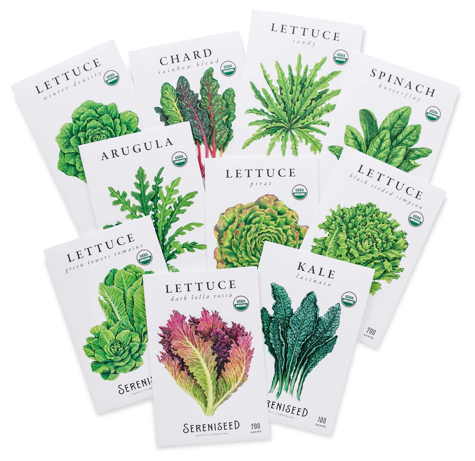 Sereniseed leafy greens collection packfront with variety labels for easy planning