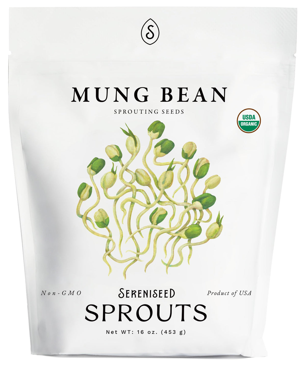 Sereniseed mung bean sprout seeds in a bag ready for home sprouting and microgreens