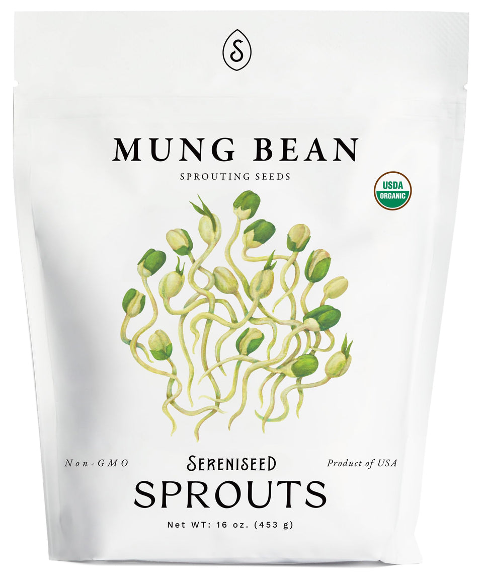 Sereniseed mung bean sprout seeds in a bag ready for home sprouting and microgreens