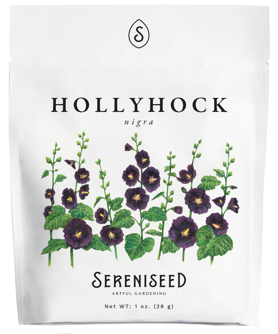 Sereniseed Nigra hollyhock seeds in a resealable 1 oz pouch for easy planting