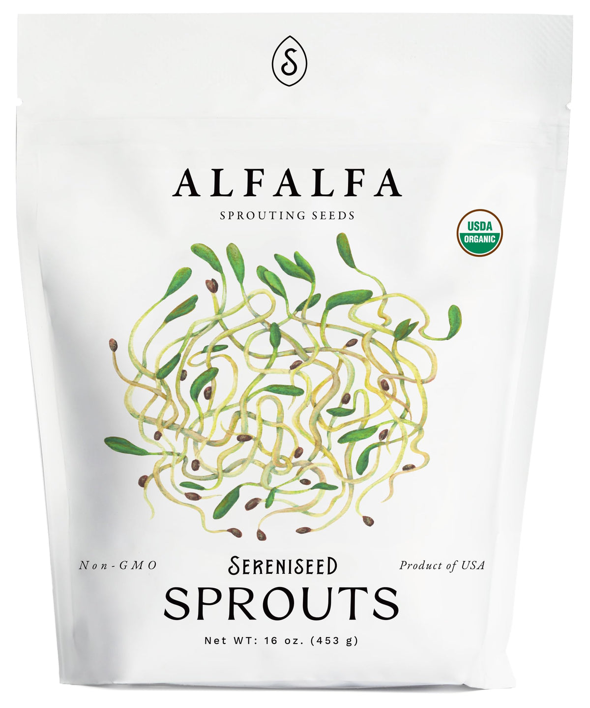 Sereniseed Organic Alfalfa Sprout Seeds 16 oz, ideal for convenient home sprouting and fresh nutrition.