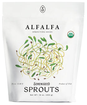 Sereniseed Organic Alfalfa Sprout Seeds 16 oz, ideal for convenient home sprouting and fresh nutrition.
