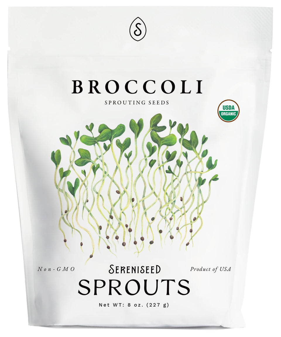 Sereniseed Organic broccoli sprout seeds bag for home sprouting and fresh microgreens.
