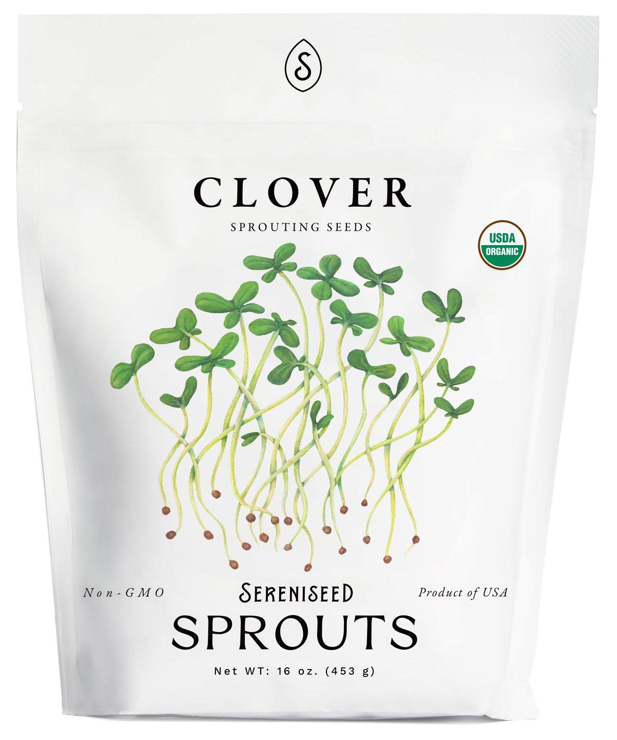 Sereniseed Organic Clover Sprout Seeds in a resealable bag, ready for home sprouting.