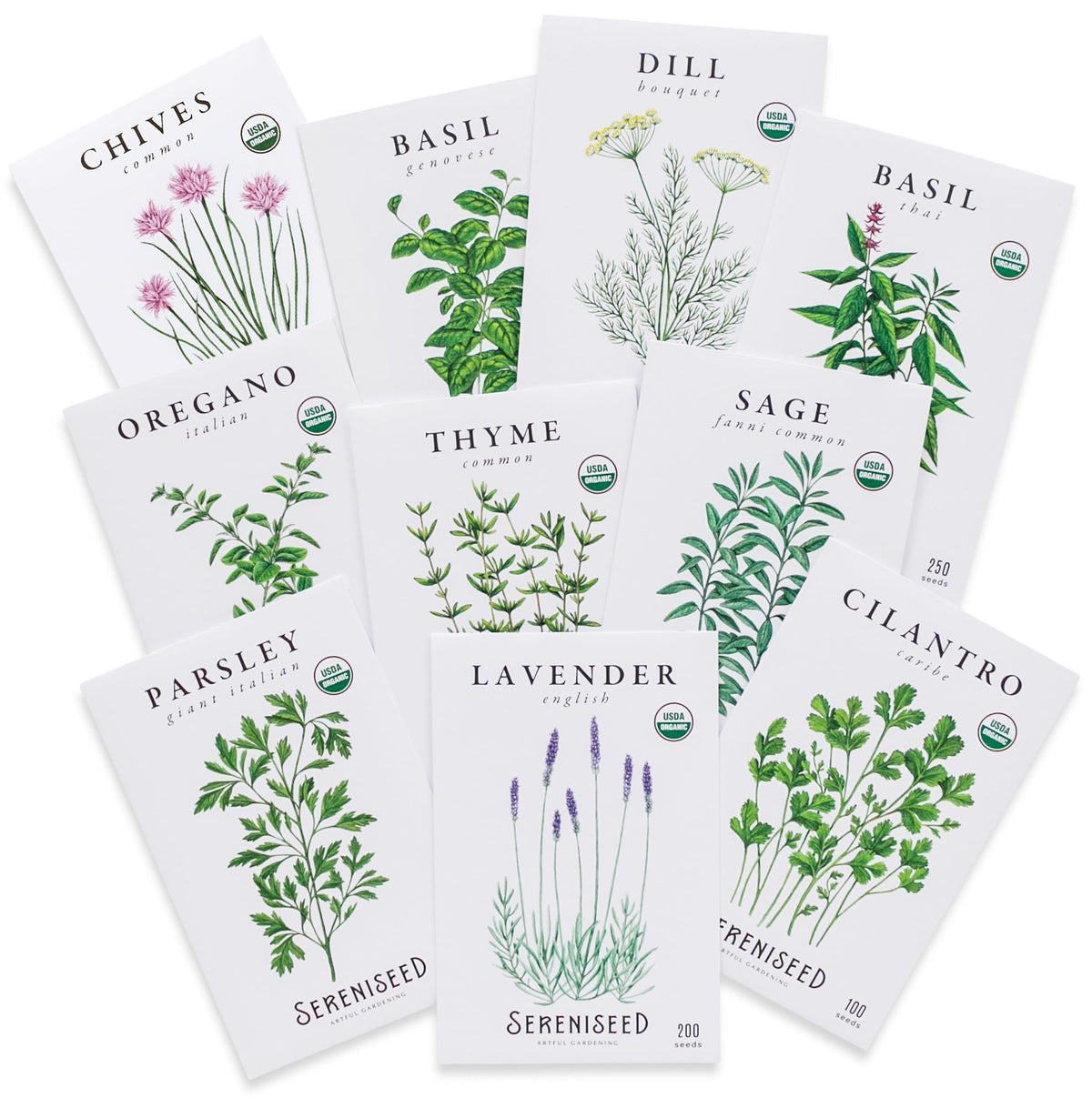 Sereniseed organic herb seeds 10-pack pack shot ready for indoor or outdoor planting
