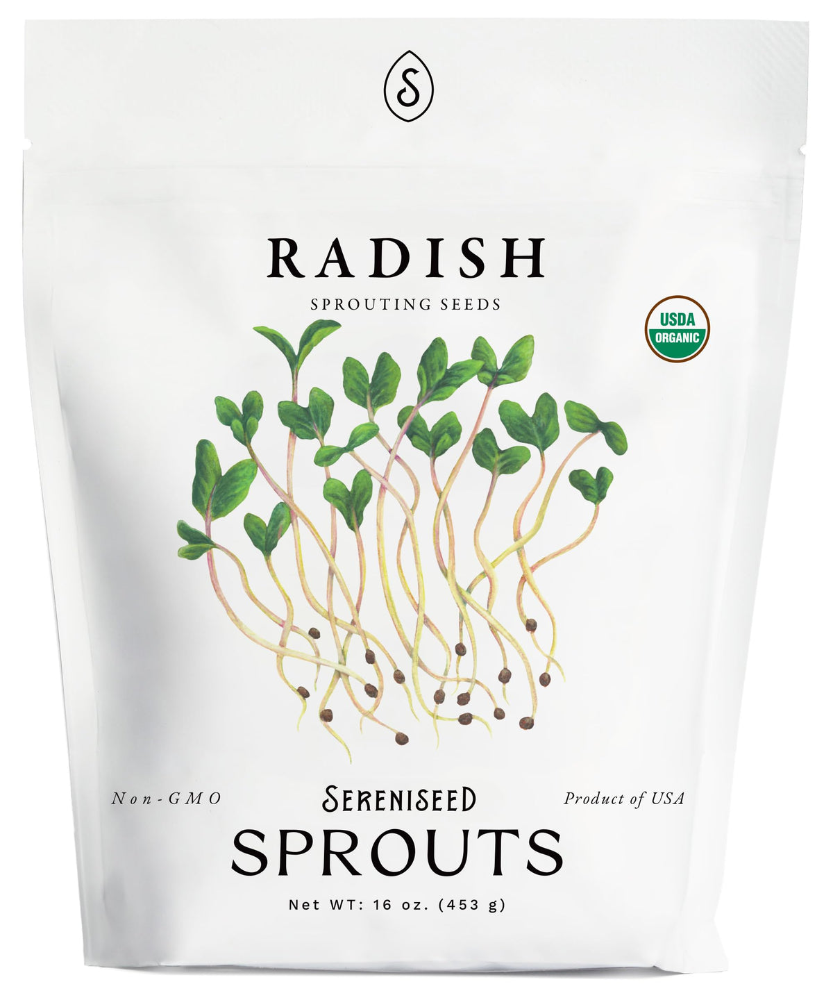 Sereniseed organic radish sprout seeds 16oz bag for easy home sprouting and microgreens.