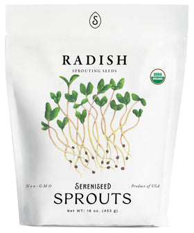 Sereniseed organic radish sprout seeds 16oz bag for easy home sprouting and microgreens.