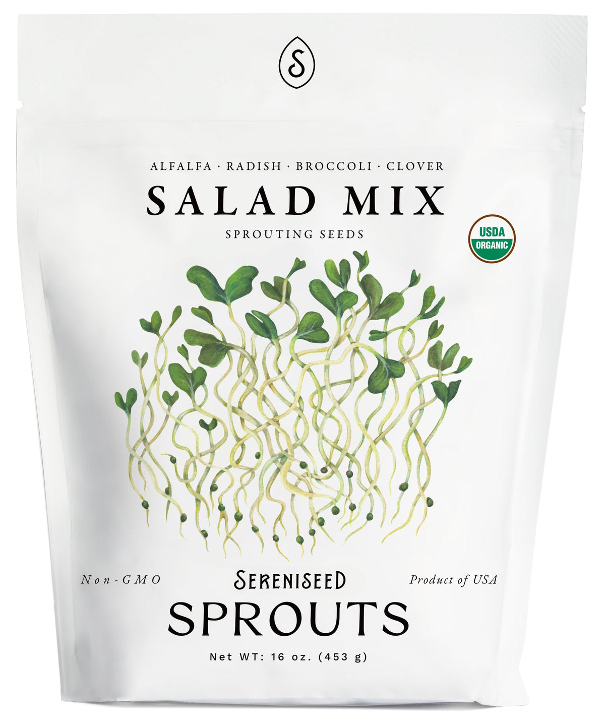Sereniseed Organic Salad Mix Sprout Seeds 16oz bag ready for home sprouting and fresh greens.