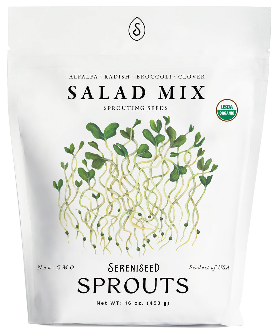 Sereniseed Organic Salad Mix Sprout Seeds 16oz bag ready for home sprouting and fresh greens.
