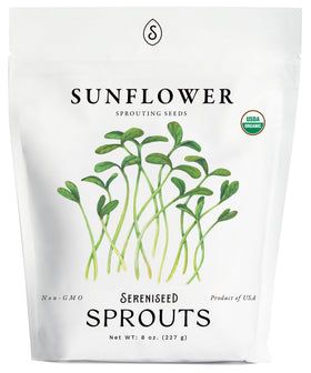 Sereniseed Organic Sunflower Sprout Seeds 8oz bag, ideal for easy at-home sprouting.