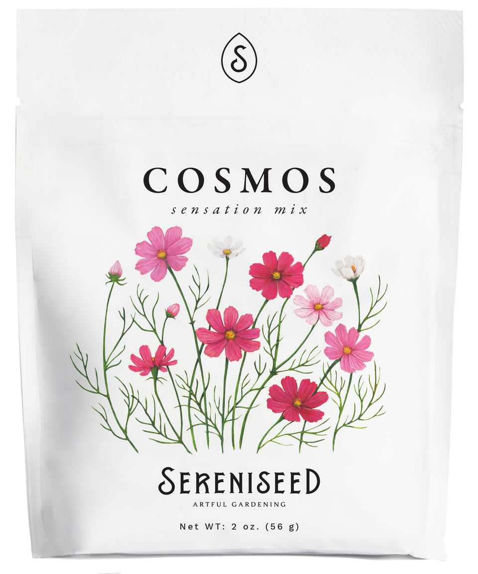 Sereniseed Sensation Mix Cosmos Seeds 2 oz bag for vibrant garden blooms.
