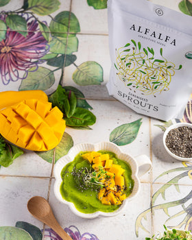 Sereniseed sprouting jar with alfalfa seeds, supporting quick, crunchy greens for daily salads.