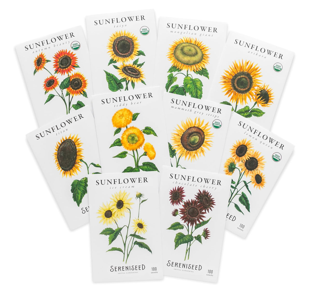 Sereniseed Sunflower Seeds Collection packaging shown, open-pollinated varieties for diverse garden color.