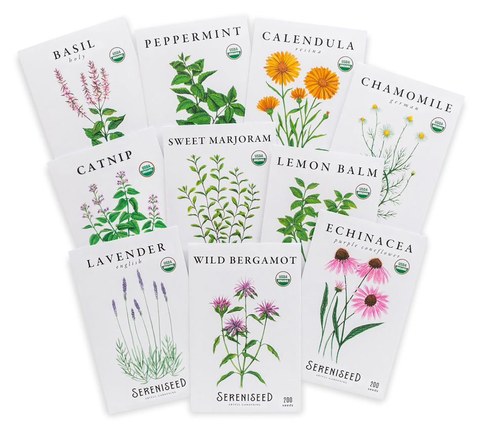 Sereniseed herbal tea seed collection pack label shown for planting