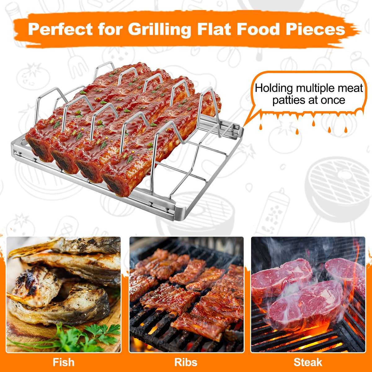 Seropy rib rack compatible with gas, charcoal grills and smokers.