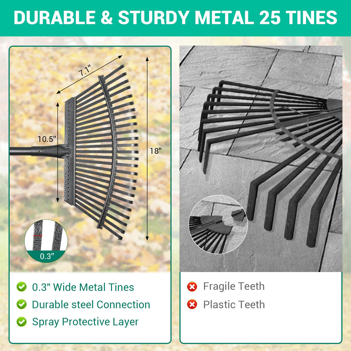 Serqd 25 metal tines provide thorough debris gathering