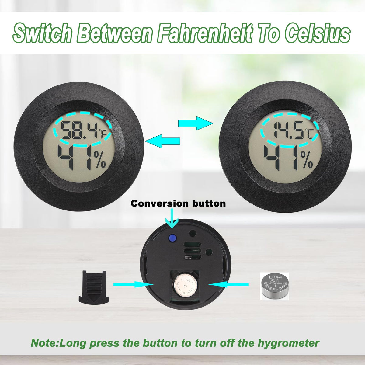 Serundo Auto hygrometer features Fahrenheit-Celsius switch for versatile measurement.