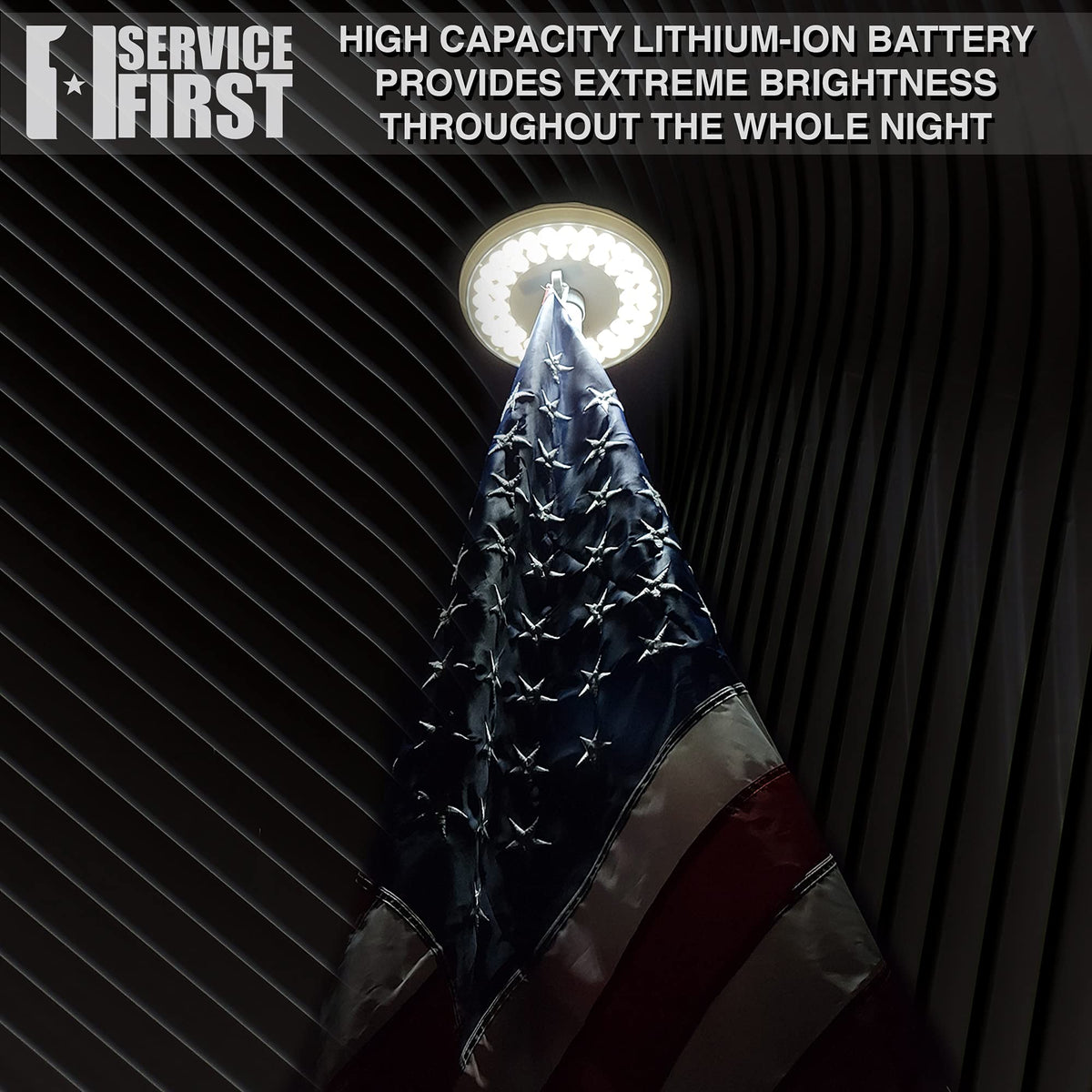 Service First Sirius all-night battery powers overnight lighting through long nights.