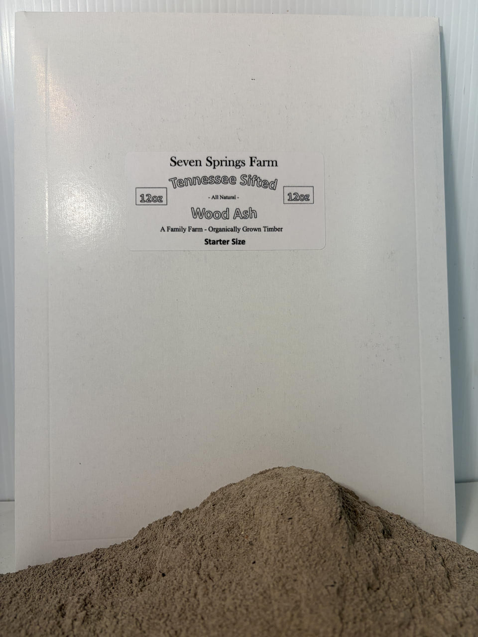 Seven Springs Farm 12oz ash packaging for natural, multi-use wood ash.