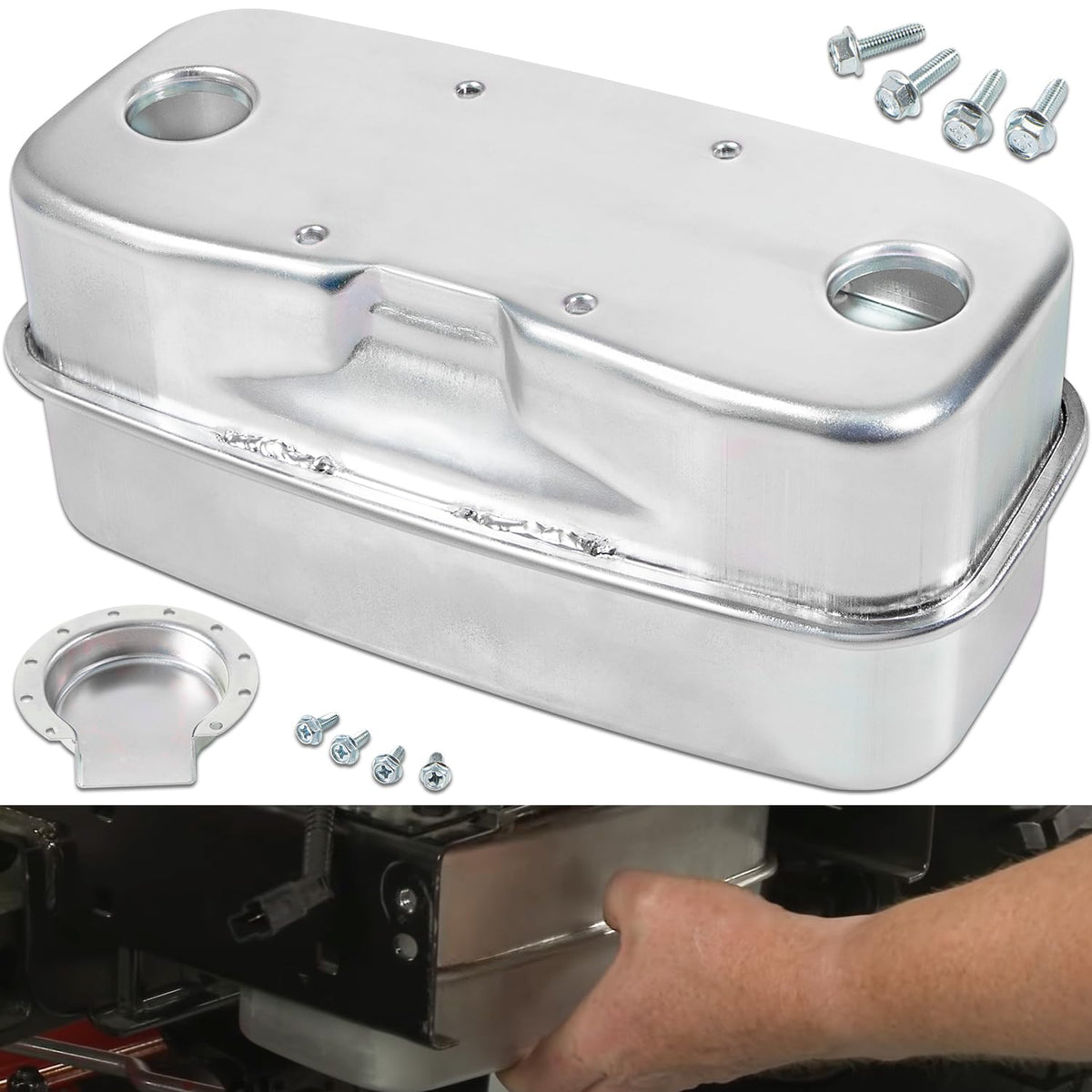 sevencow 951-0616B dual inlet muffler front view showing quieter operation.