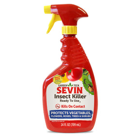 Sevin bottle label close-up for ready-to-use garden protection.
