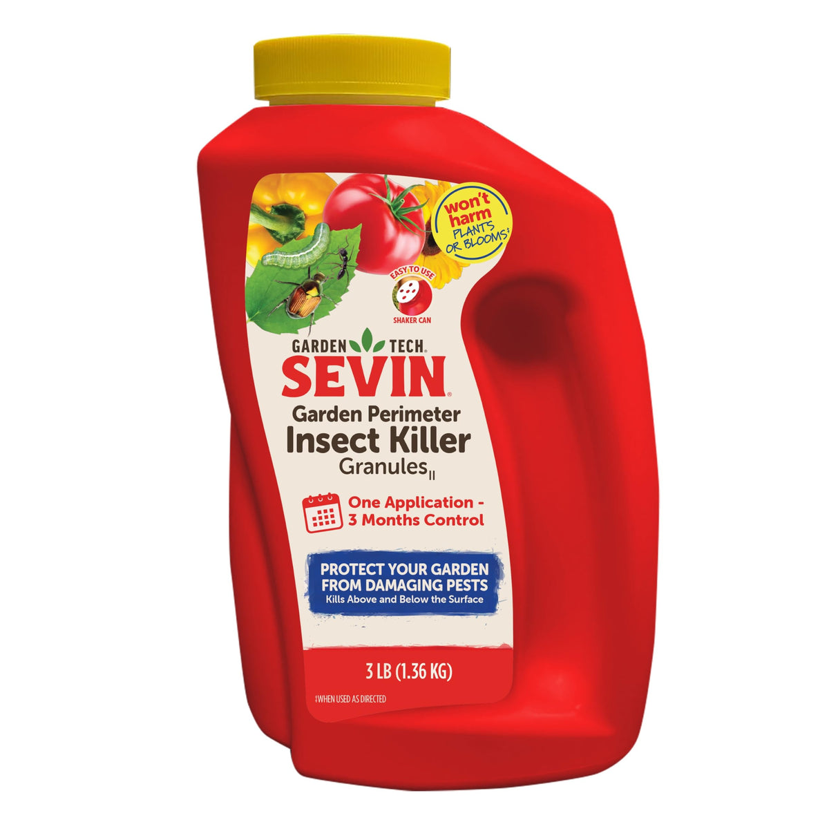 Sevin Garden Perimeter Granules 3lb bag on lawn protects perimeters.