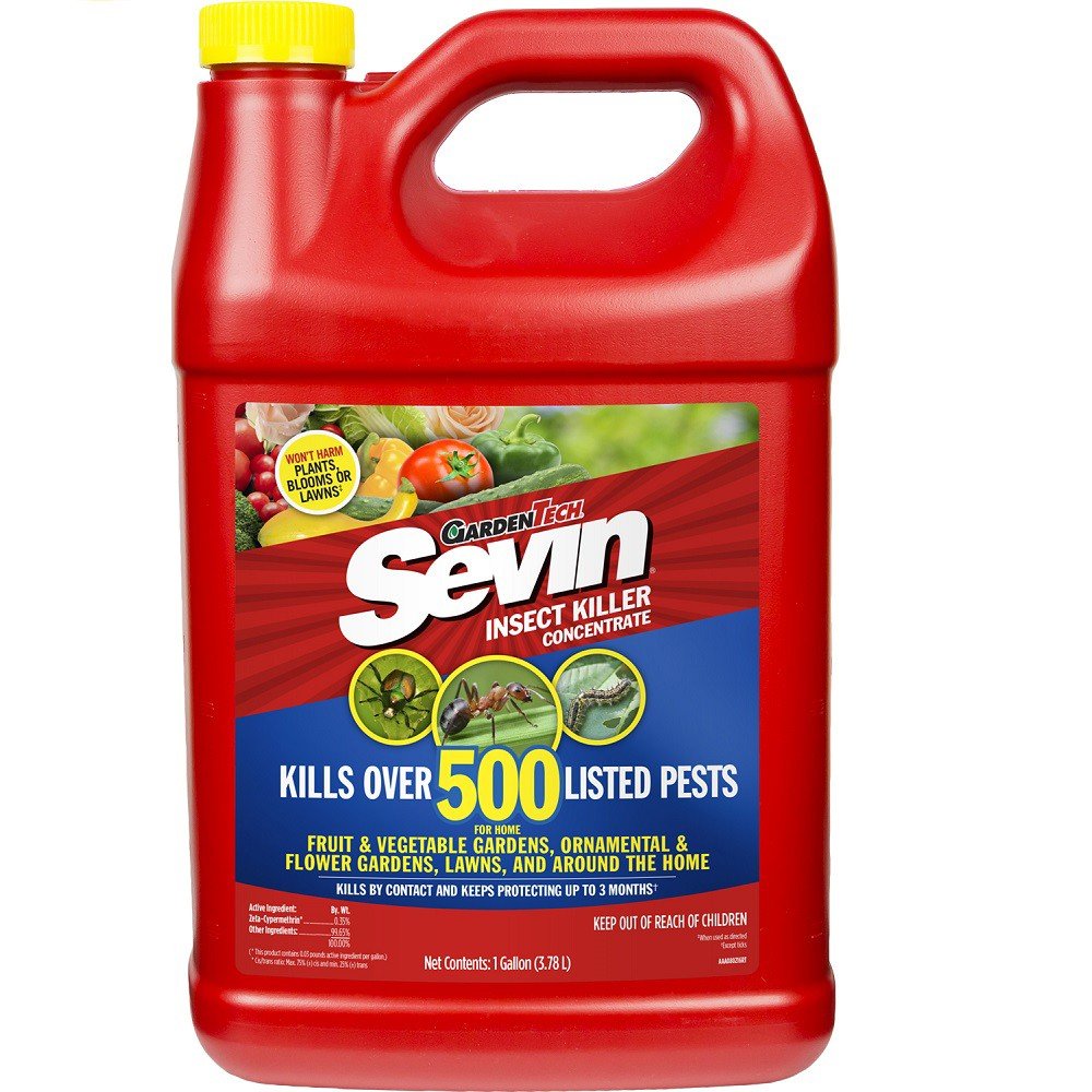 Sevin GardenTech Insect Killer Concentrate bottle protecting vegetables and outdoor spaces.